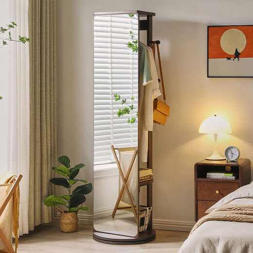 JIAYI multifunctional rotating dressing mirror solid wood full-length mirror fitting mirror floor-standing mirror with clothes hanger for home use upgraded rotating style frameless walnut color