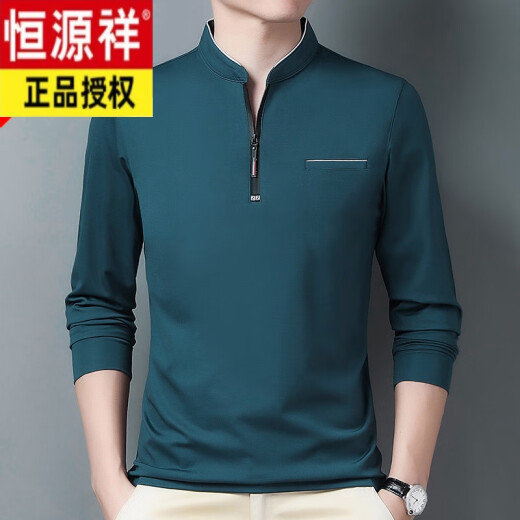 
Hengyuanxiang pure cotton long-sleeved T-shirt men's casual thin T-shirt tops in spring and autumn middle-aged men's stand-up collar base shirt plus velvet thickened 6625 Baolan 180/2XL recommended 160-170Jin [Jin equals 0.5 kg]