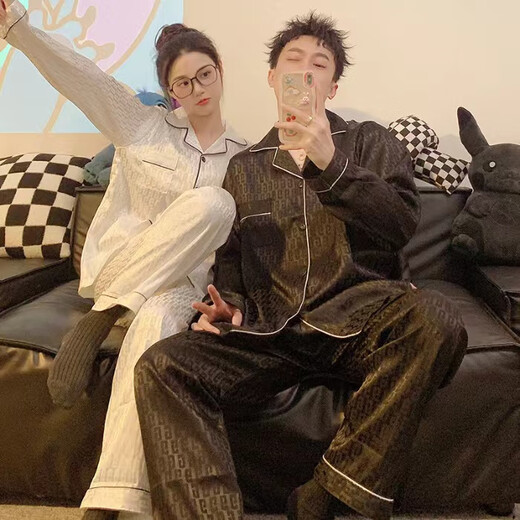 YIMENGTO Yimen camel couple ice silk pajamas for men and women spring and autumn long-sleeved plus size 200 Jin Jin equals 0.5 kg, loose-fitting home wear suit 8606 female-8608 male XL female style (115-135 Jin Jin equals 0.5 kg