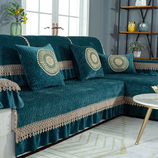 Love the Life Chenille Sofa Cushion Set Four Seasons Universal Sofa Cover Scarf All-in-One Nordic Anti-Slip Sofa Cushion Palace Style Peacock Green 80+20*210cm