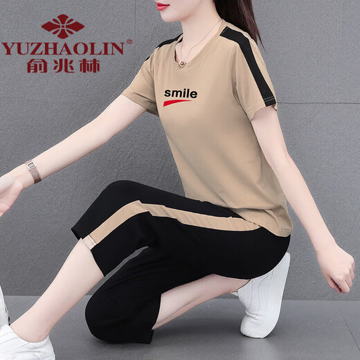 Yu Zhaolins Mutter trägt im Sommer 2024 einen Baumwoll-Sportbekleidungsanzug für Frauen im Sommer 2024 Neuer Sommer im mittleren Alter, gelegentlich Kurzärmelte, gehauen zwei Khaki-Kumpelhosen [687 Modelle] m (Empfohlen 80-95 Jin [Jin gleich 0,5 kg]))