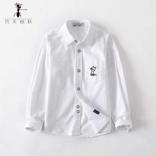 Kung Fu Ant Boys Pure Cotton Long-Sleeved White Shirt Children's Formal School Uniform Boys' Shirts Medium and Large Children's Performance Clothes Bottoming Shirt Tops Little Ant-White 130