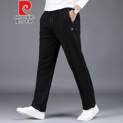 皮尔卡丹（臻贵尊享）纯棉运动休闲裤男秋冬季厚款宽松直筒针织裤全棉休闲长裤子针织 春秋款：黑色 ZP9928 6XL