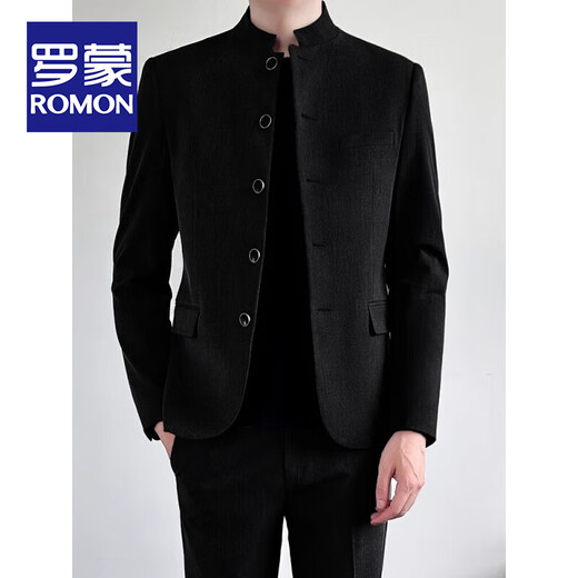 ROMON New Chinese Style Stand Collar Small Suit Jacket Men's Casual Engagement Zhongshan Style Fit Handsome Wedding Suit Black Suit Top + Pants 3XL Recommended 140-150 Jin Jin equals 0.5 kg
