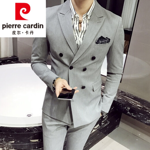 Pierre Cardin (light luxury quality) formal men's suit men's suit British style double-breasted business slim solid color groom wedding suit suit men's knitted black (suit + vest + trousers, shirt) XL
