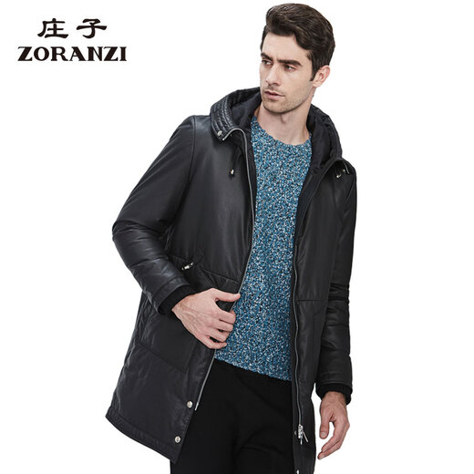 ZORANZI 庄子男装冬季牛皮皮羽绒服男中长款上衣连帽皮衣外套LMR16797 黑色-LMR16797 M 175/96A