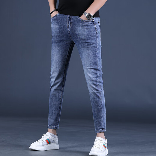 Kurentou Summer Blue Bleu Nine Point Jeans Hommes Slim Feet 2023 Nouveau pantalon pour hommes élastiques 9 points Men Q1049 Gray Nine Point 32 2 pieds 5