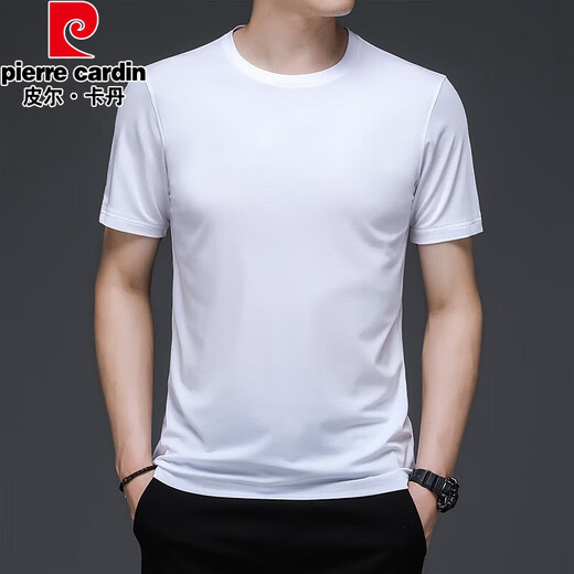 Pierre cardin summer new short-sleeved T-shirt men's round neck T-shirt thin solid color pure black versatile half-sleeved top sweat shirt knitted 733 white L 170