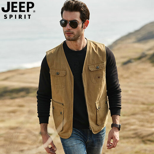 吉普（JEEP）春秋装马甲中年男背心外穿纯棉马夹男多口袋旅行钓鱼无袖外套坎肩 卡其色 M建议体重130左右
