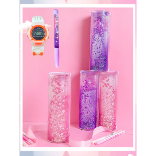 Douyin's same style Internet celebrity girls stationery box for primary school students, junior high school students, multi-functional large capacity cylindrical pen box for boys and girls quicksand creative personalized pencil case cartoon children's academic pencil box new crystal princess quicksand + free electronic watch + quicksand pen + 5 pieces gift