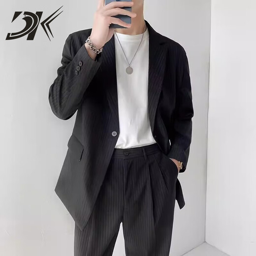 DK brand suit suit men's loose small suit jacket high-end autumn light mature style casual Korean style versatile set light gray stripes (top + pants) S