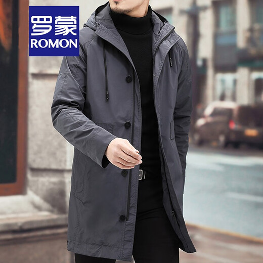 Luo Meng mid-length windbreaker men's autumn and winter windproof and cold-proof down coat for young and middle-aged people, hooded dad jacket FY192213 gray spring and autumn style XL 180 recommended 130-140 Jin Jin equals 0.5 kg