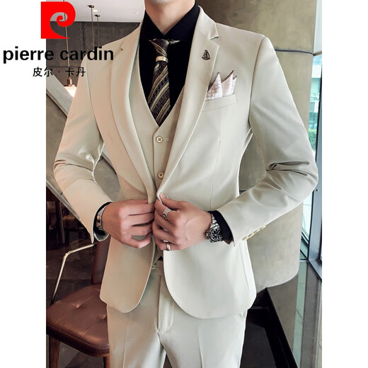 Pierre Cardin suit men's groomsmen Korean style groom's wedding dress business casual formal fit casual suit for men 1671 apricot four-piece suit (jacket + pants + vest + 2XL