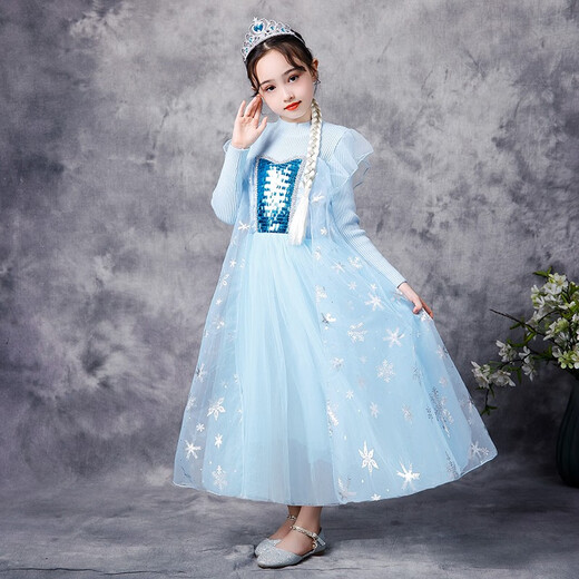 Remember Elsa Princess Dress Autumn and Winter New Frozen Elsa Girls Dress Children's Skirt New Year Dress Elsa Sweater Blue 120 (recommended height 110-120cm)