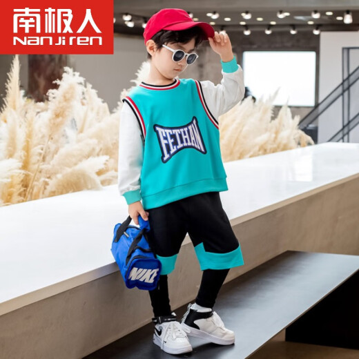 Antarctic children's suit boys' autumn sports style basketball uniform vest fake two-piece jersey 11-14 years old trendy children's long-sleeved T-shirt foreign style new cartoon two-piece set green 120