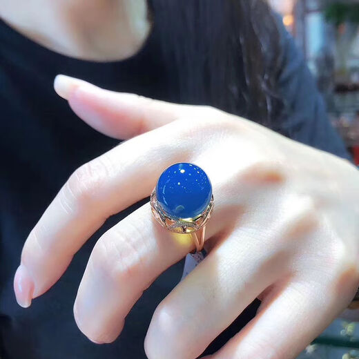 Dominican amber ring 925 silver plated rose gold pure water high blue impurity-free amber ring for women bead diameter 14mm (live ring)