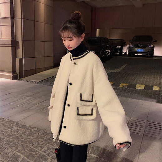 Yuanle Shen Herbst und Winter Neues kleines Duftstil-Design Nachahmungslamm Lammfell lose mittelgroße Internet-Promi-Langarmjacke für Frauen modisch 695# Taschenlammfell weiß hochwertiger Version L 106-120jin [Jin gleich 0,5 kg] [authentische Qualität]