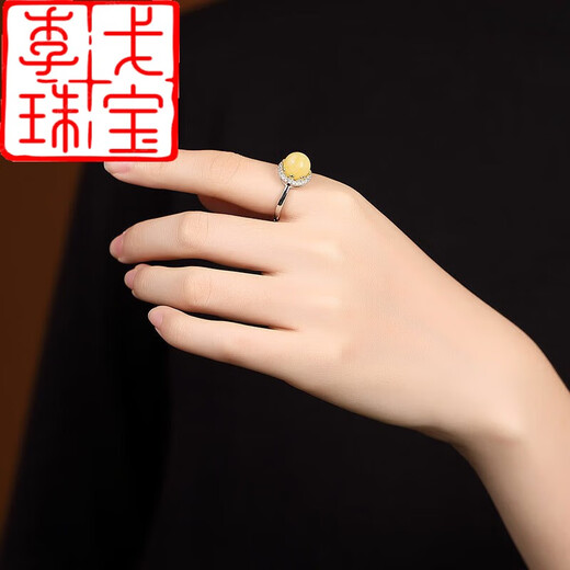 Ji Ge S925 silver inlaid with natural beeswax amber women's open ring personality temperament live buckle ring opening (one size fits all