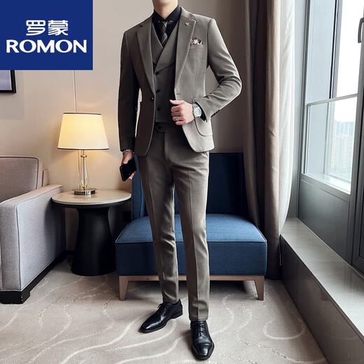 ROMON Groom's Suit Men's Slim Woolen Suit Men's Suit Wedding Dress Khaki Thickened Winter Off-White (Suit + Pants + Vest) Tie M