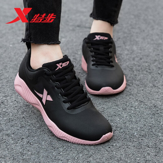 Xtep Women's Shoes Running Shoes Sports Shoes Women's 2025 Winter New Mesh Breathable Casual Travel Shoes Black Pink-Leather-9737 38