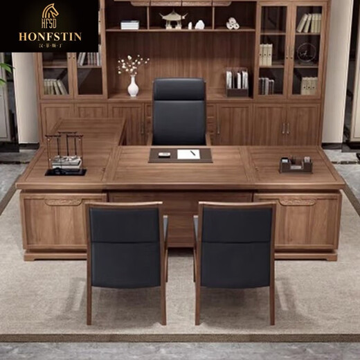 HONFSTIN solid wood desk boss desk and chair combination new Chinese style executive desk president desk simple modern office furniture 2 meter desk + side cabinet
