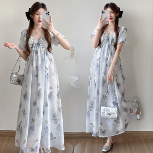 衣百壹（yIBAIyI）孕妇装新品2025夏季连衣裙浪漫休闲V领系带收腰长裙宽松孕妇裙子 蓝色 L115-130斤