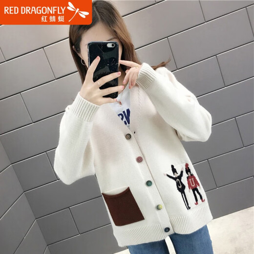 Red Dragonfly Lazy Style Sweater Cardigan Women 2020 Autumn New Fashion Women's Korean Knitted Jacket Women's Top Trendy Versatile Loose Knit Sweater WL733 Beige Please take the correct size