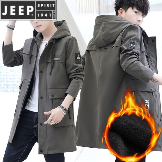 JEEP SPIRIT2023 new spring and autumn mid-length men's windbreaker Korean version slim men's over-the-knee plus velvet thickened jacket 1901 camel XL 175