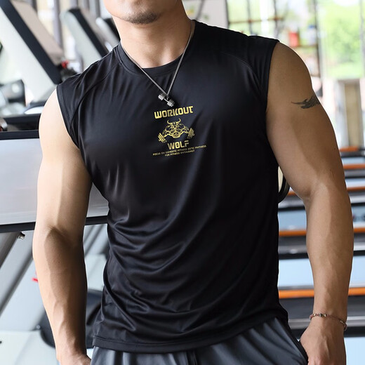 撸铁狼健身背心男士运动速干衣无袖宽松轻薄款透气弹力跑步篮球训练坎肩 白色简约英文 XL