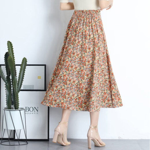 Oasi Mai chiffon skirt for women summer high waist slim floral mid-length printed fashion DF-2860 orange one size fits all