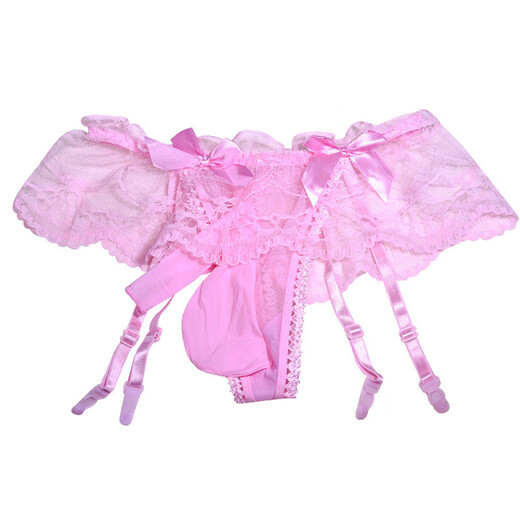 Tanga-Spitzen-Herren-Set JJ Strümpfe Höschen Hosenträger einteilige Unterwäsche niedrige Taille Transparent Small 0 Feminine Pink [Spitzenrock-Suspendern Slips] JJ Öffnung