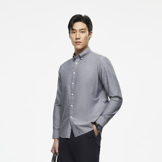 YOUNGOR long-sleeved shirt for men, plain Oxford spun shirt, cotton elastic fabric, stretchy, comfortable, casual, durable, not easy to wrinkle and easy to care for, dark gray 39