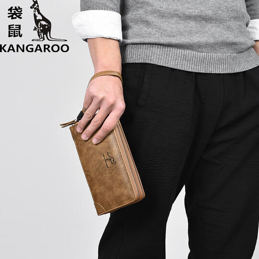 袋鼠（KANGAROO）精品男士手拿包长款钱包简约大容量钱夹休闲手包新款拉链男包夹包 棕色