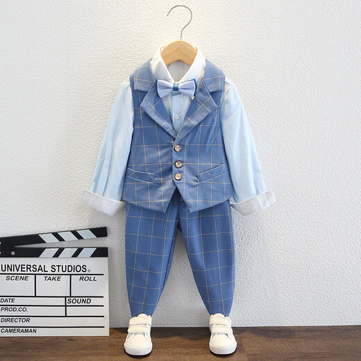 Bear Elf (Xiaoxiongjingling) Jungenkleid Sommer-Kinderanzug hübscher kleiner Jungen Blumen Boy Host Overss Chors Performance Anzug kurzärmeliges Hemd + Blau-Gitter-Shorts + Fliege + Riemen 120 Größe (empfohlenes Gewicht 37-43 Jin [Jin gleich 0,5 kg]))