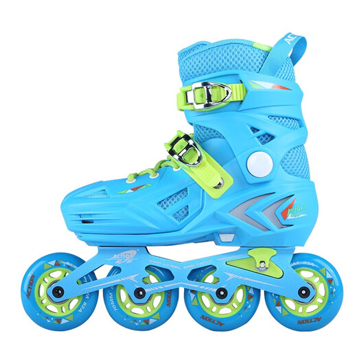 Dynamic (ACTION) skates for children, beginners' fancy shoes, adjustable size roller skates for boys and girls, locking wheel flat roller skates, full set of roller skates, light and shadow blue, set of 2 shoes + 912 helmet + turtle protective gear + bag L 36-39 size