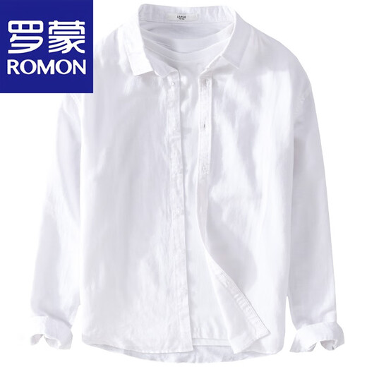 罗蒙（ROMON）棉麻休闲纯色大码通勤衬衫长袖男女同款衬衣时尚百搭寸衫外穿上衣 白色 9926 M 体重100-120斤