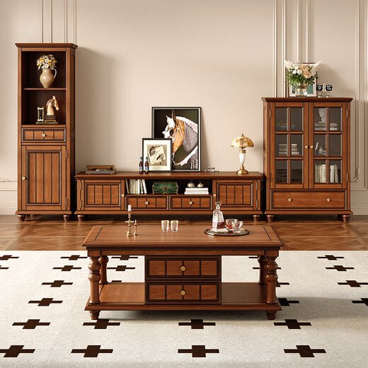 Yachen Home Retro American Massivholz TV -Schrank rechteckiger Couchtisch Weinschrank Kombination Kombination aus Hausbodenschrank Wohnzimmer Einfacher Pfirsich Herz Blumen und Holz -TV -Schrank [Walnussfarbe]