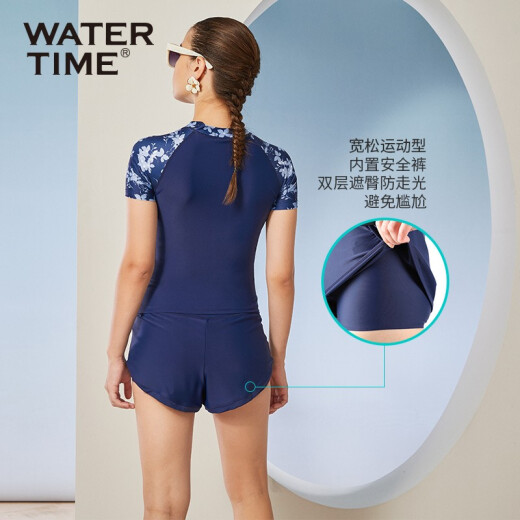 WaterTime/Shuichuan swimsuit women's conservative slimming belly-covering split boxer short-sleeved hot spring swimsuit blue L