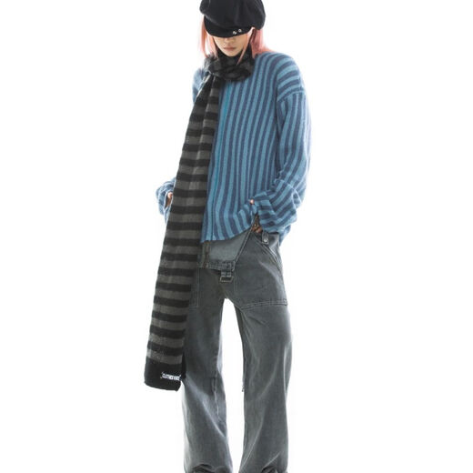 Yuan Lexen mid-length punk dark versatile European and American ripped autumn and summer sweater for women couple striped loose niche sweater new dark gray one size