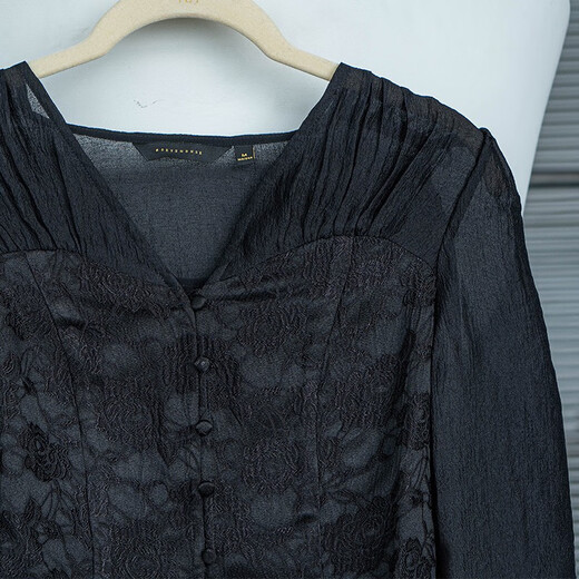 ROEYSHOUSE Luoyi texture jacquard splicing shirt women's autumn new long-sleeved new Chinese style Chinese style shirt 07329 Black S