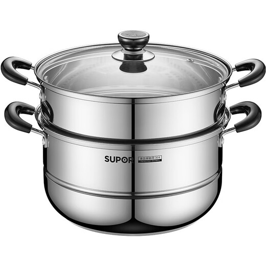 SUPOR steamer thickened 304 stainless steel two-layer double bottom large capacity foldable steamer gas induction cooker universal for 1-3 people 26cm