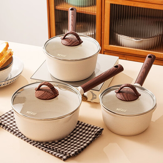 BESCO small milk pot, baby food supplement pot, baby medical stone non-stick pot, hot milk pot with steamer, noodle pot, small pot, milk pot with lid + heat conduction plate to protect the pot 20cm