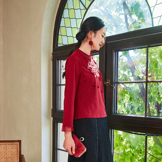 Bufu Bufu autumn new Chinese style long-sleeved red improved cheongsam top for women oriental simple luxury style Zhuying XL