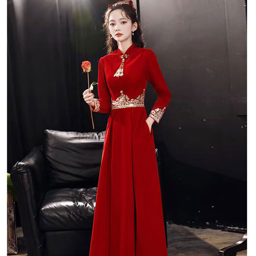 Lanka Roni Lanka Roni Cheongsam Toast Wear Bridal 2025 Engagement Red Dress Long Sleeve Wedding Evening Dress Women Red Long M