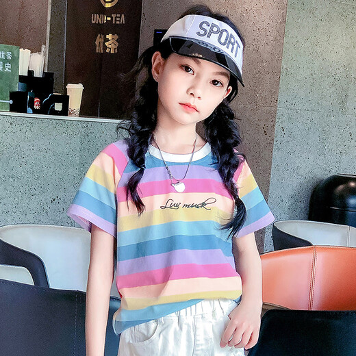 Camiseta de manga corta de Pitt Pitt Girls 2025 Summer NUEVO TENTRO T CHIRES COREANO Top de rayas sueltas Medianas grandes para niños grandes 3505 Rainbow Stripe + 9922 White 150 cm