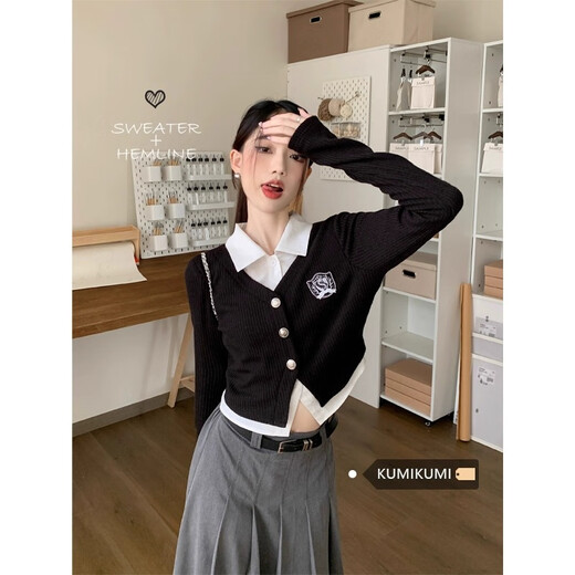 Mu Ni fake two-piece long-sleeved shirt Polo collar top black spliced short slim college style commuting outer layer black top fake two-piece M size recommended 80-100Jin Jin is equal to 0.5 kg