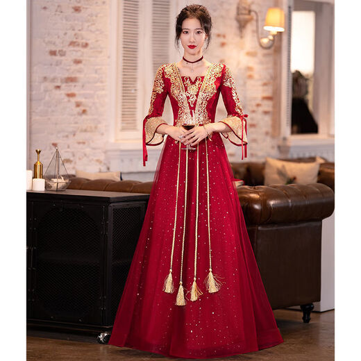 MIFICY Xiuhe Wear Bride 2023 New Summer Toast Wear 2023 Summer Burgundy High-end Chinese Long Sleeve Burgundy Long [684] M