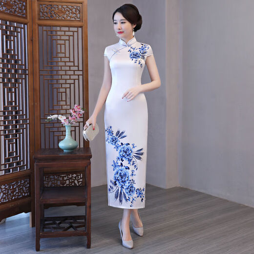 Timochi catwalk welcome cheongsam Chinese style blue and white porcelain long elegant young girl 2022 improved performance dress 2806 XL