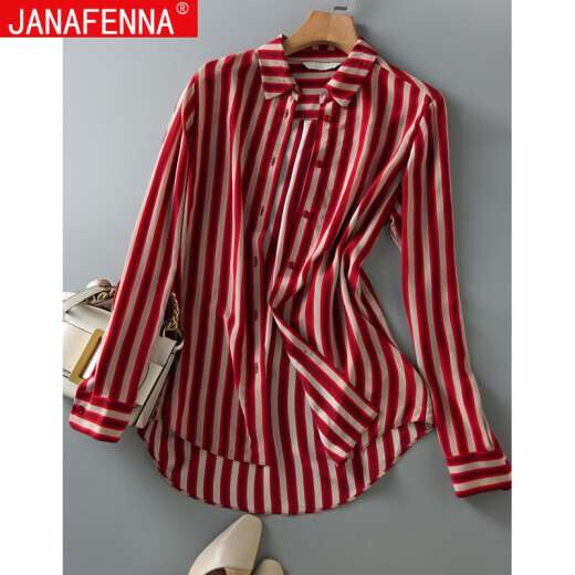 JannaFenna chiffon shirt women's long-sleeved 2020 early autumn new red and white striped shirt Korean style fashion loose slimming simple versatile top trendy red striped L