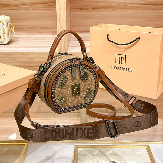 I.T Dankles Hong Kong Marke Echtes Leder -Frauenbag 2025 Neue Kettendekoration kleiner runde Tasche Gedruckte Handtasche Breite Schultergurt Crossbody Bod Braune Farbe (Theken Geschenkbox Set)